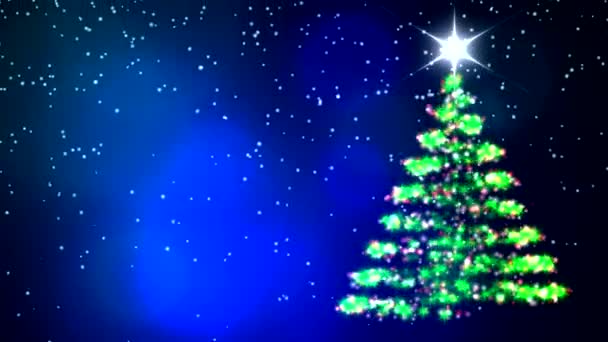 Smyčka Animace Vánočního Stromečku Jasnými Světly Padajícím Sněhem Tmavomodrém Pozadí — Stock video