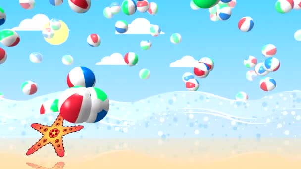Анимация Моря Пляжными Шарами Волнами Прыгающим Дельфином Летний Солнечный День — стоковое видео