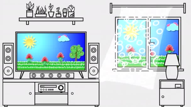 Grafische Darstellung Eines Raumes Mit Fernseher Musikanlage Auf Einem Bordstein — Stockvideo