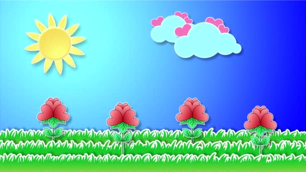 Geanimeerde Tekening Met Wolken Gras Zon Bloemen Bloemblaadjes Vorm Van — Stockvideo