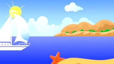 Mavi denizde, bulutlarla, güneşlerle ve ufukta bir adayla birlikte, beyaz yelkenli bir yat, gökyüzünün arka planına doğru yelken açar. Yüksek kalite 4K döngülü canlandırma.