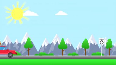 Güneşli bir günde, ufukta dağlar ve bulutlar olan kırmızı bir kargo aracı otoyolda ilerliyor. Yüksek kalite 4K döngü çizilmiş canlandırma.