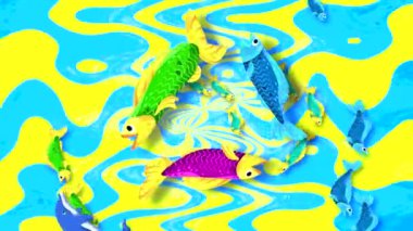 Renkli dalgalar ve dönen balıklarla soyut animasyon. Deniz hayvanlarıyla 4K video döngüsü.