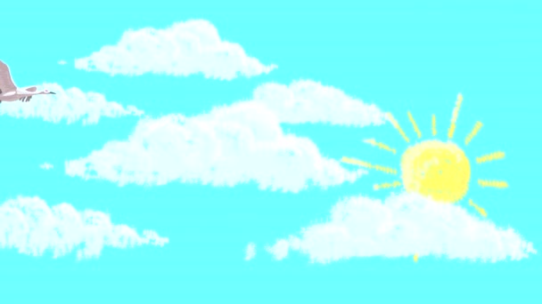 Kraan Vliegt Wolken Tegen Blauwe Lucht Met Zon Handgetekende Animatie — Stockvideo