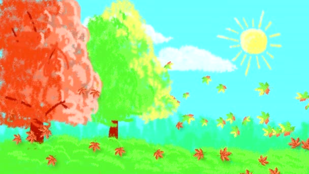 Клен Барвисте Осіннє Листя Літає Горизонтально Тлі Природи Деревами Лісом — стокове відео