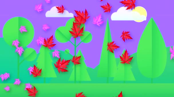 Podzimní Barevné Listí Točí Pozadí Lesa Obloha Mraky Sluncem Animace — Stock video