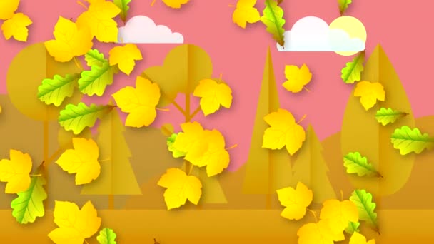 Herfst Kleurrijke Bladeren Vliegen Draaien Achtergrond Van Het Bos Hemel — Stockvideo