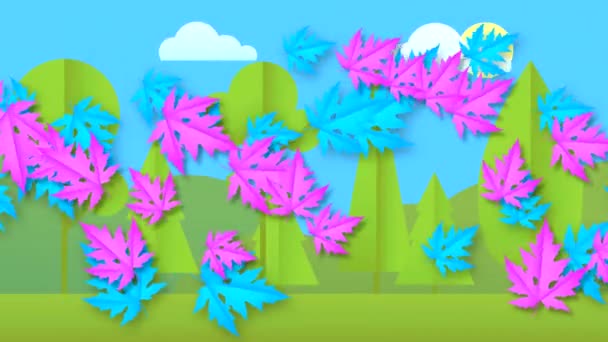 Podzimní Barevné Listí Točí Pozadí Lesa Obloha Mraky Sluncem Animace — Stock video