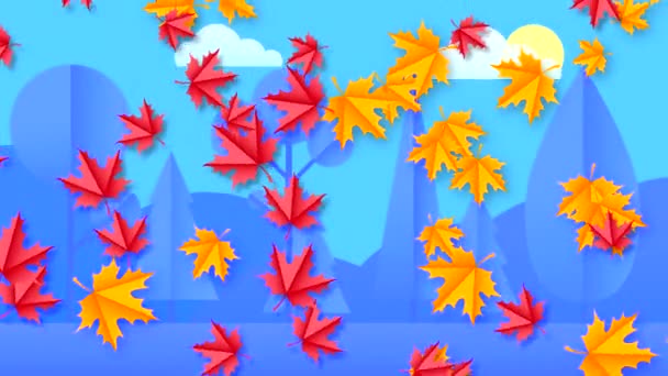 Outono Folhas Coloridas Voar Girando Fundo Floresta Céu Com Nuvens — Vídeo de Stock