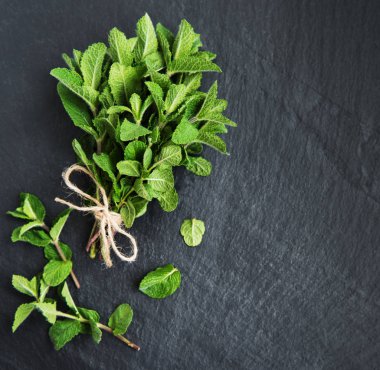 Siyah bir taş zemin üzerine taze yeşil nane