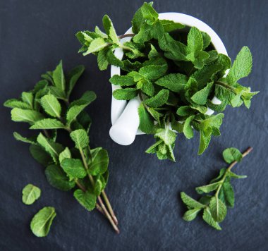 Siyah bir taş zemin üzerine taze yeşil nane