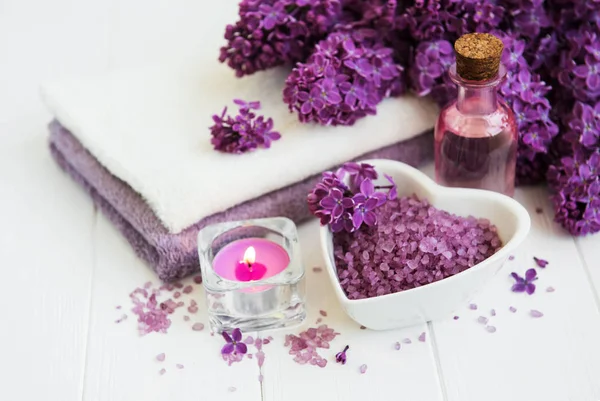 Spa Products Salt Oil Lilac Flowers — Stock Photo, Image