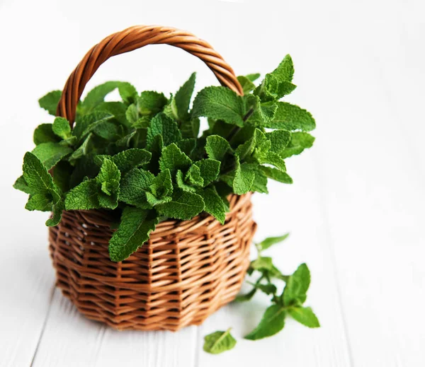 Basket Mint White Wooden Background — Stock Photo, Image