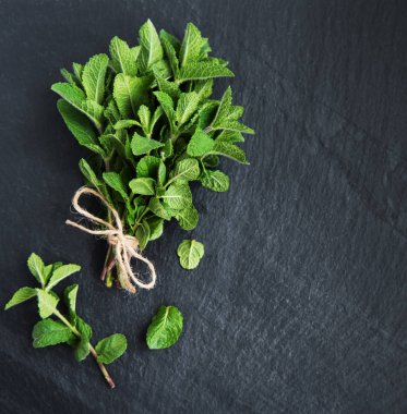 Siyah bir taş zemin üzerine taze yeşil nane