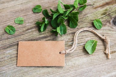 Yeşil nane ile eski ahşap arka plan üzerinde eski kağıt etiket