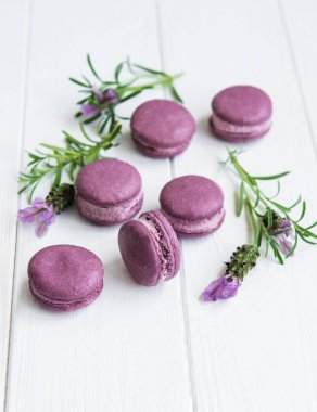 macarons lavanta lezzet ve taze lavanta çiçekleri ile Fransız