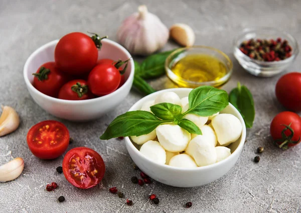 İtalyan gıda maddeleri - mozzarella, fesleğen, domates ve baharatlar