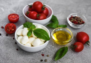 İtalyan gıda maddeleri - mozzarella, fesleğen, domates ve baharatlar