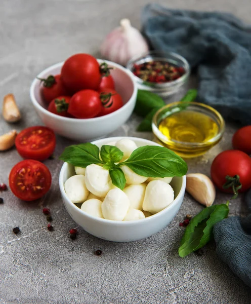 İtalyan gıda maddeleri - mozzarella, fesleğen, domates ve baharatlar
