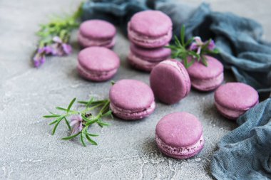 macarons lavanta lezzet ve taze lavanta çiçekleri ile Fransız