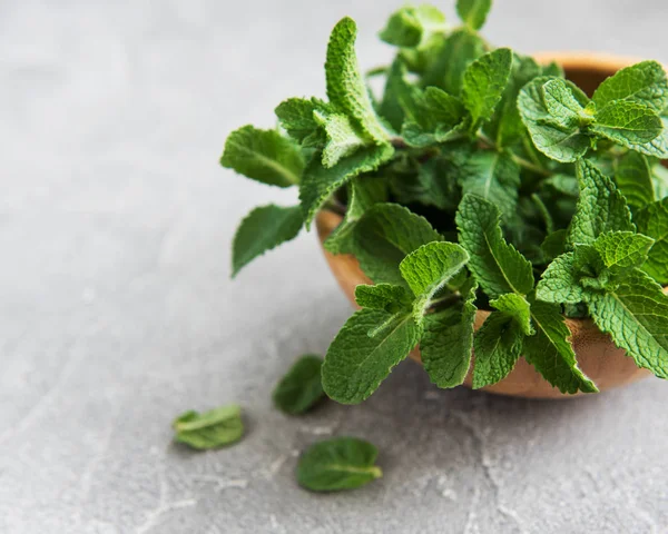 Eski bir arka plan üzerinde taze nane ile kase