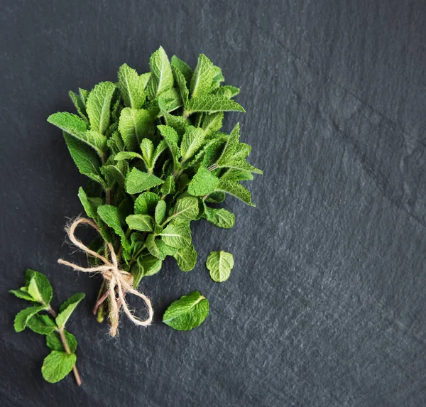 Siyah bir taş zemin üzerine taze yeşil nane