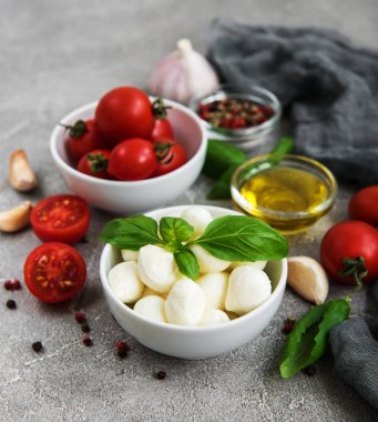 İtalyan gıda maddeleri - mozzarella, fesleğen, domates ve baharatlar