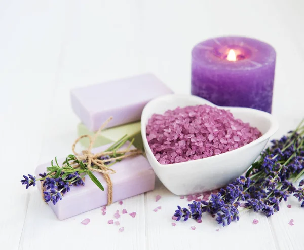 Heart Shaped Bowl Sea Salt Candle Soap Fresh Lavender Flowers — Stock Photo, Image