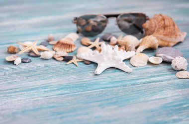 Kabukları ve ahşap arka plan üzerinde güneş gözlüğü