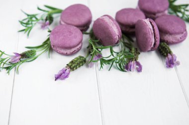 macarons lavanta lezzet ve taze lavanta çiçekleri ile Fransız