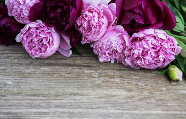 eski ahşap arka plan güzel pembe şakayık çiçekleri