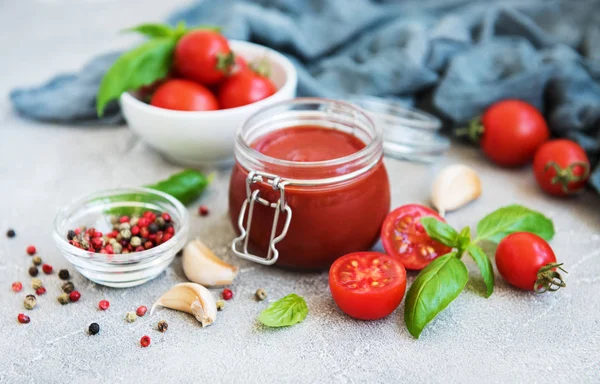 Jar Tomato Sauce Ingredients Stone Background — Stock Photo, Image