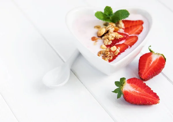 Bowl Strawberry Yogurt White Wooden Table — Stock Photo, Image