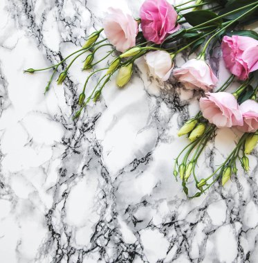 Mermer zemin üzerine taze pembe eustoma çiçekli çerçeve