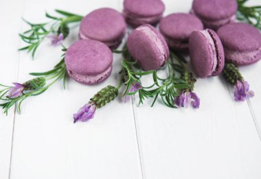 macarons lavanta lezzet ve taze lavanta çiçekleri ile Fransız