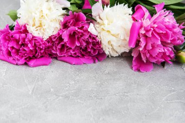güzel pembe ve beyaz şakayık çiçekleri taş zemin üzerine