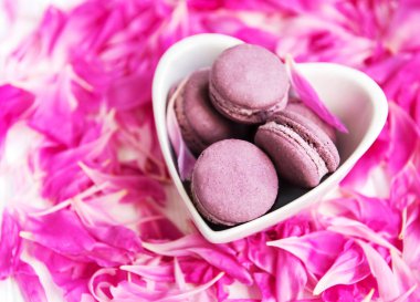 Beyaz ahşap bir masa üzerinde macarons ile pembe şakayık yaprakları