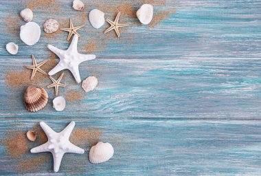 deniz kabukları ahşap arka plan üzerinde kum ile