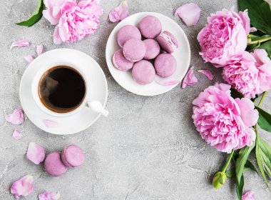 Kahve ve macarons beton zemin üzerine pembe şakayık