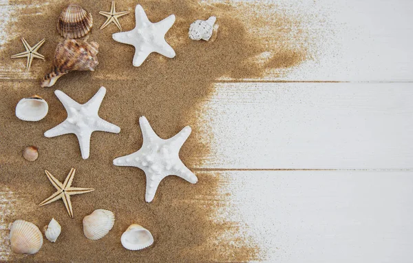 sea shells with sand on a white wooden background