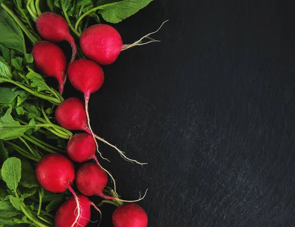 Bunch of radish  on the black stone background