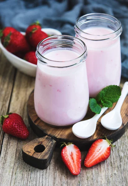 Jars Strawberry Yogurt Old Wooden Table — Stock Photo, Image