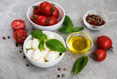 İtalyan gıda maddeleri - mozzarella, fesleğen, domates ve baharatlar