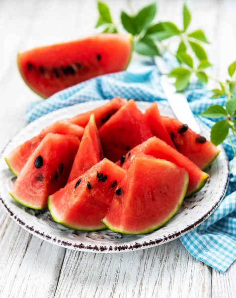 Watermelon Green Leaves Old Wooden Table — Stock Photo, Image