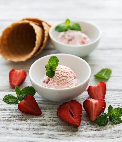 Strawberry Ice Cream Waffle Cone Wooden Background — Stock Photo, Image