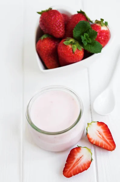 Jar Strawberry Yogurt White Wooden Table — Stock Photo, Image