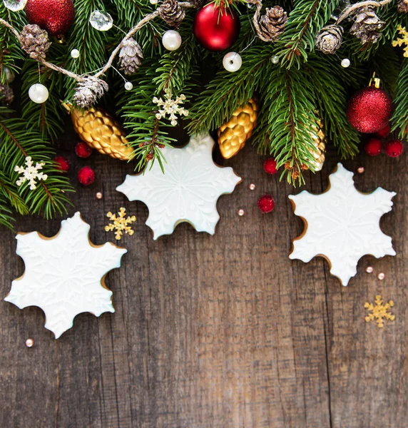 Decoración Navideña Con Galletas Sobre Antiguo Fondo Madera — Foto de Stock