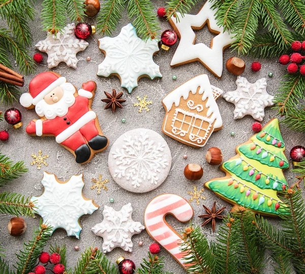 Decoración Navideña Con Galletas Sobre Fondo Hormigón — Foto de Stock