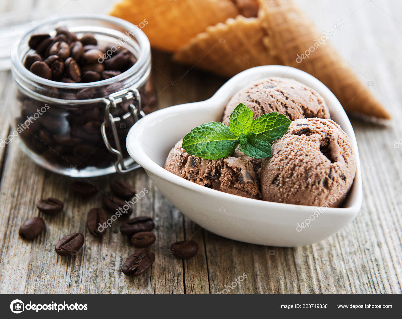Coffee Ice Cream Coffee Beans Old Wooden Table Stock Photo by ©Almaje 223749338