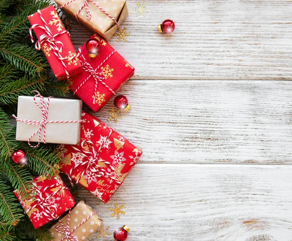 Fundo Natal Com Decorações Caixas Presente Placa Madeira — Fotografia de Stock